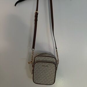 Michael Kors Beige & Brown Logo Crossbody Bag with Gold Hardware